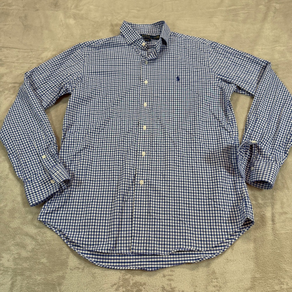 Polo Ralph Lauren Mens Medium Performance Slim Fit Gingham Shirt Blue White EUC